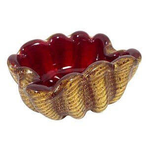 Vintage Deep Red Gold Flecks Inlay Art Glass Mid Century Bowl Trinket Dish